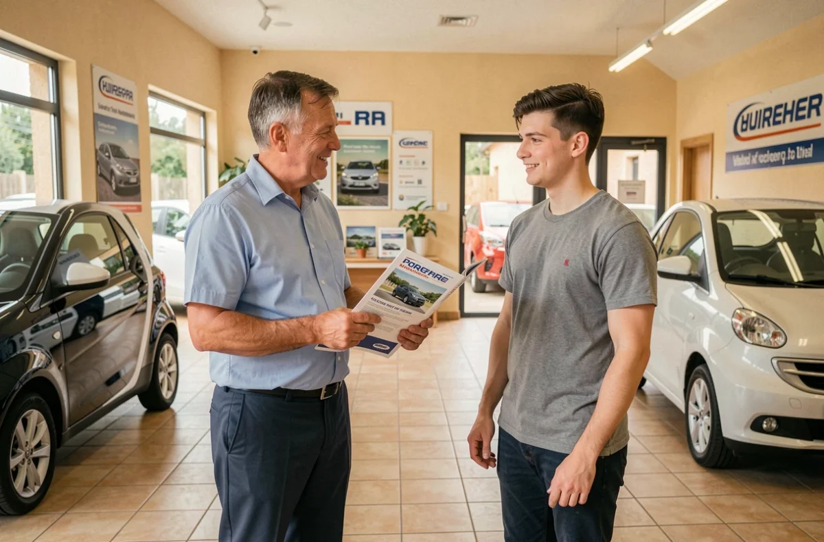 Vendeur présentant une brochure de voiture sans permis à un jeune client dans un showroom à Avignon
