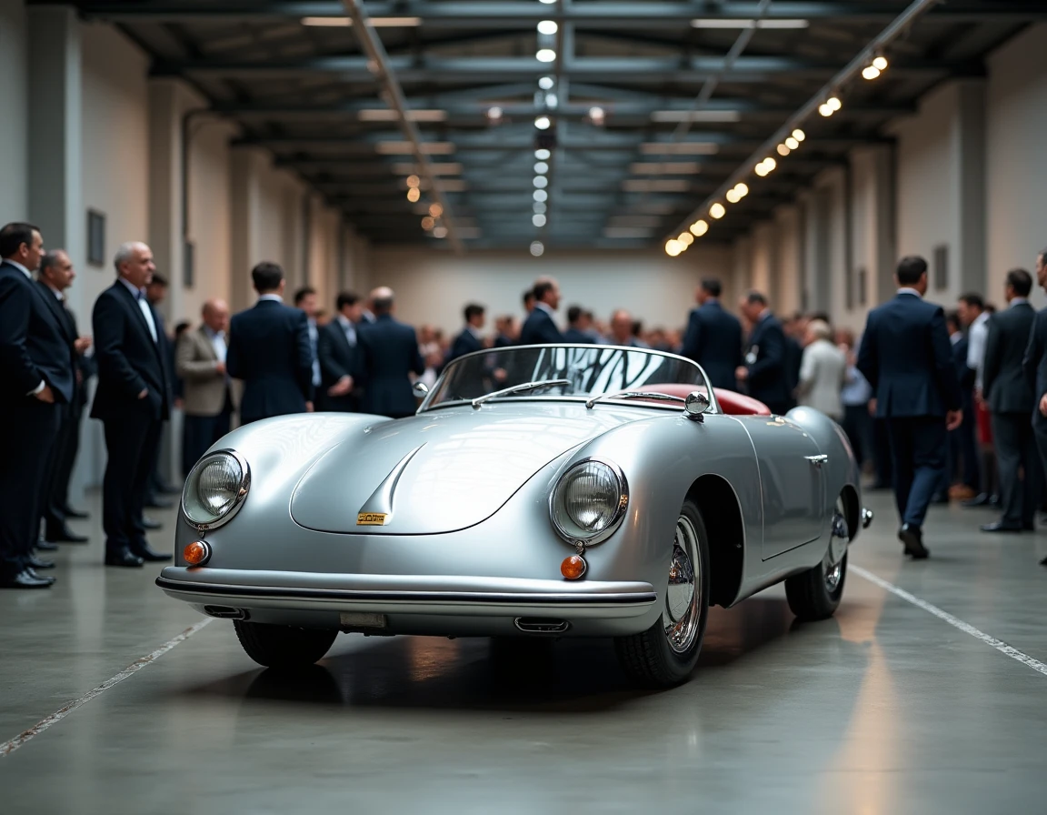 Vente aux enchères d'une Porsche 550 Spyder restaurée entourée de collectionneurs en costume dans une salle de vente automobile