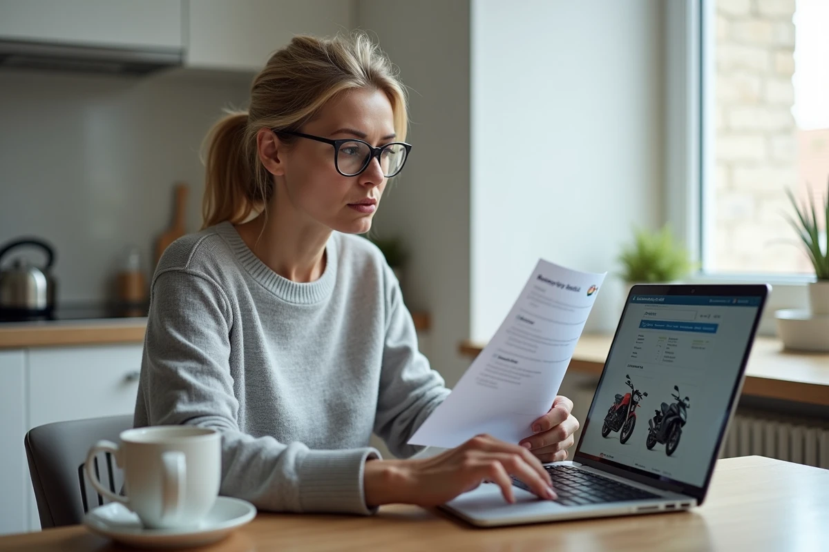 Femme vérifiant une annonce de moto d'occasion sur un site internet avec une checklist pour éviter les arnaques