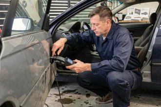 Technicien automobile connectant un scanner OBD-II pour vérifier l'électronique moteur numérique d'une voiture d'occasion en atelier
