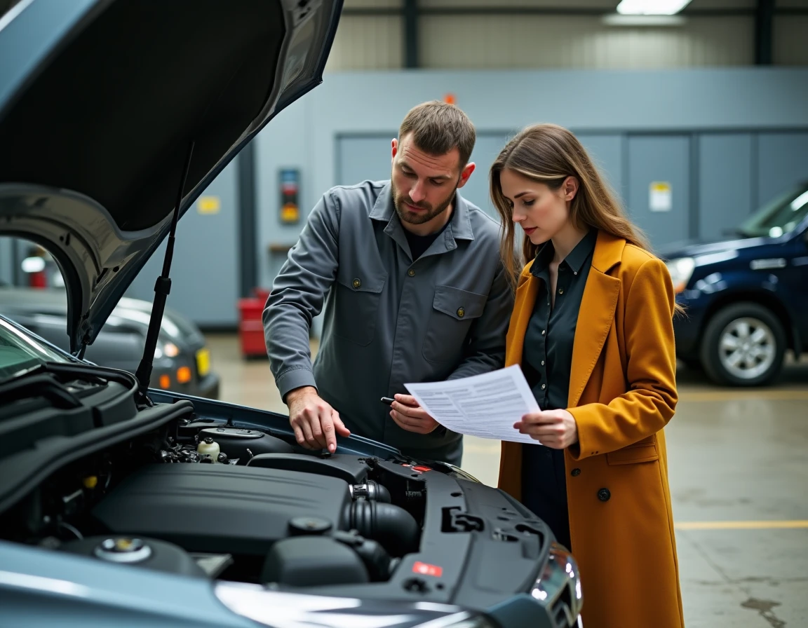 Mécanicien et cliente examinant le moteur d'une voiture d'occasion dans un garage, représentant la vérification technique avant achat via Autofantom