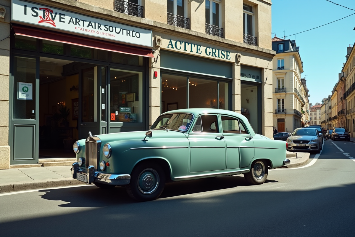 Voiture ancienne devant un bureau de carte grise en ville