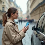 Femme consultant la confirmation de paiement d'une vignette bruxelloise sur smartphone près de sa voiture dans le centre de Bruxelles