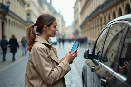 Femme consultant la confirmation de paiement d'une vignette bruxelloise sur smartphone près de sa voiture dans le centre de Bruxelles