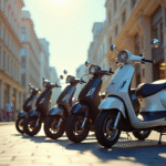 Rue urbaine avec scooters modernes stationnes