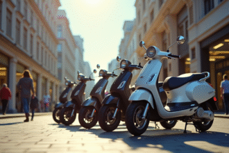 Rue urbaine avec scooters modernes stationnes