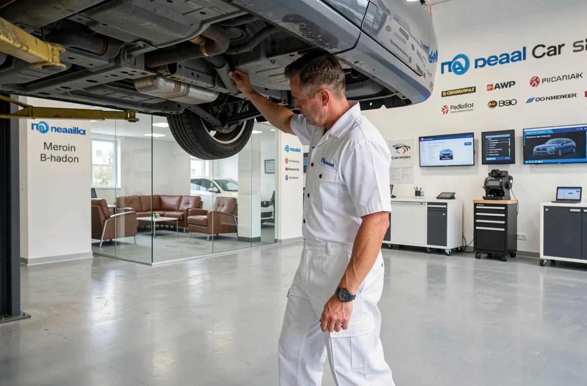 Technicien de VIP Auto Service effectuant un contrôle toutes marques sur un véhicule surélevé