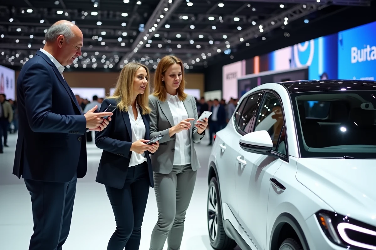 Visiteurs découvrant une voiture électrique compacte au Salon de l'automobile de Paris 2026