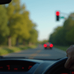 Voiture à un carrefour rural avec feu rouge clignotant en journée