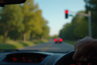 Voiture à un carrefour rural avec feu rouge clignotant en journée