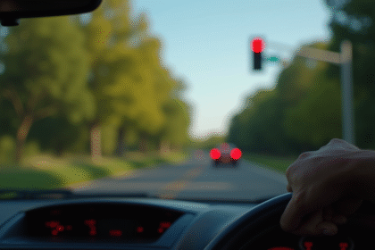 Voiture à un carrefour rural avec feu rouge clignotant en journée