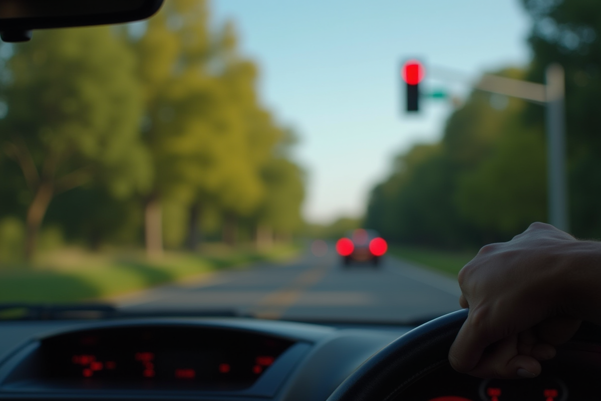 Voiture à un carrefour rural avec feu rouge clignotant en journée