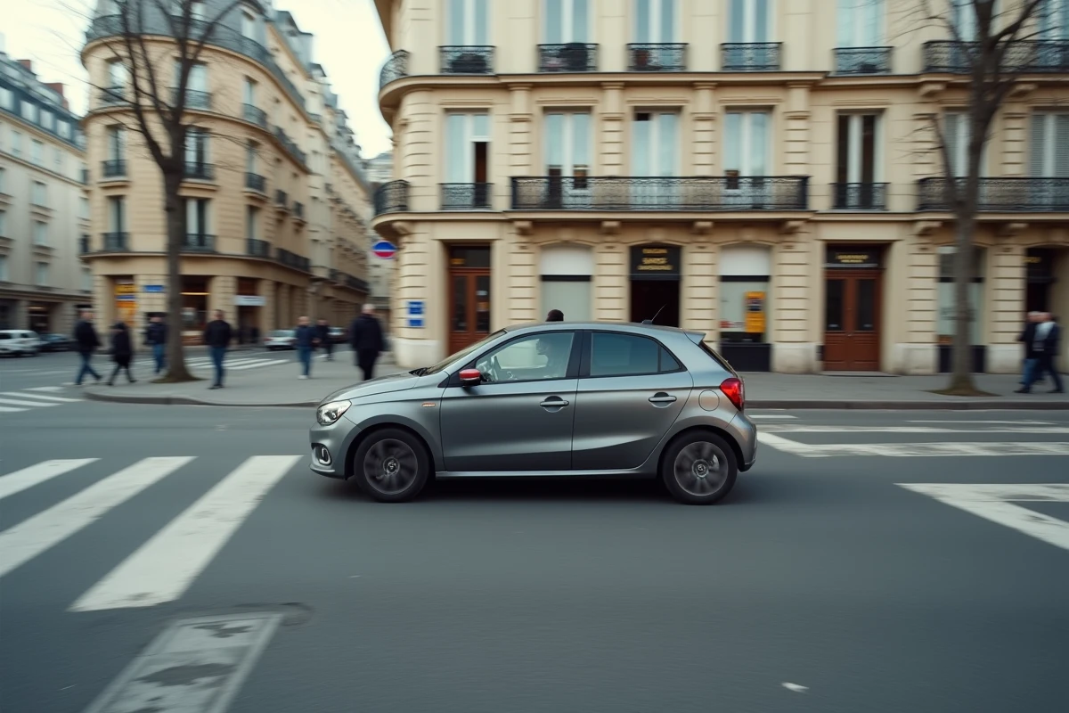 Voiture avec plaque d'immatriculation rouge de transit circulant dans une rue urbaine française avec des bâtiments haussmanniens en arrière-plan