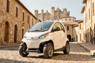 Voiture sans permis blanche garée sur les pavés d'Avignon avec le Palais des Papes en arrière-plan