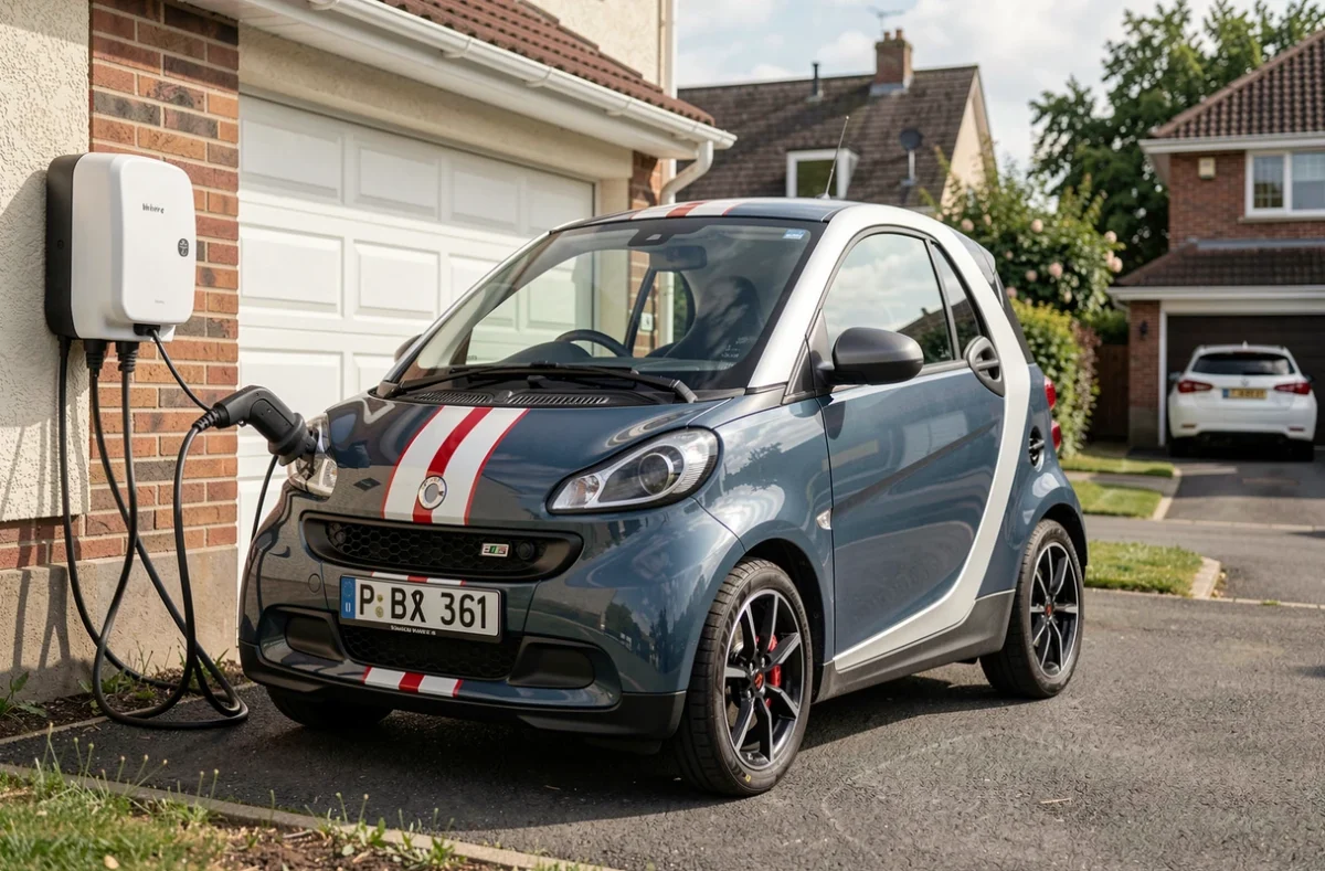 Voiturette électrique sportive en charge dans l'allée d'une maison