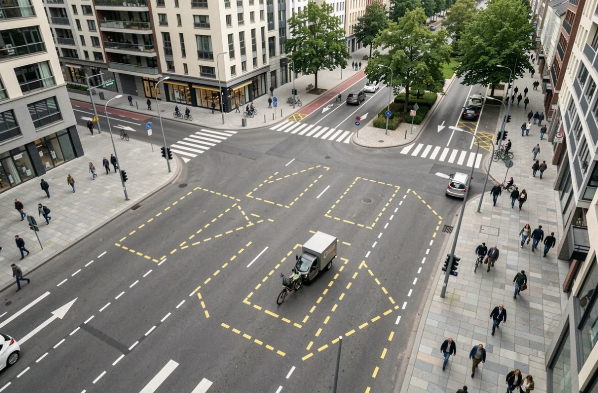 Vue aérienne d'un carrefour urbain avec plusieurs emplacements de livraison en pointillés jaunes, véhicules de livraison électriques garés dans les zones délimitées