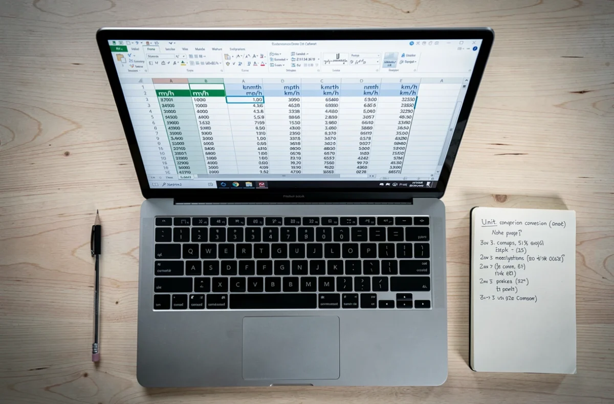 Vue aérienne d'un ordinateur portable affichant un tableur avec une formule de conversion mph en km/h et des notes manuscrites