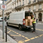 Zone de livraison délimitée par des pointillés jaunes dans un centre-ville, livreur déchargeant des colis d'un véhicule utilitaire blanc