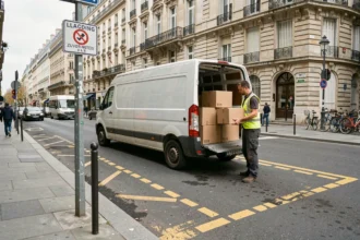 Zone de livraison délimitée par des pointillés jaunes dans un centre-ville, livreur déchargeant des colis d'un véhicule utilitaire blanc