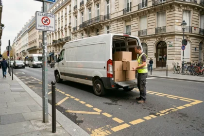 Zone de livraison délimitée par des pointillés jaunes dans un centre-ville, livreur déchargeant des colis d'un véhicule utilitaire blanc
